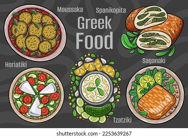 Greek food. A set of classic dishes. Cartoon hand drawn illustration.