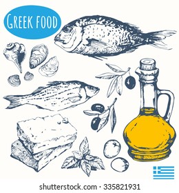 Greek Food In The Sketch Style. Mediterranean Traditional Products. Vector Illustration Of Ethnic Cooking: Seafood, Olives, Cheese. Main Course And Snacks.