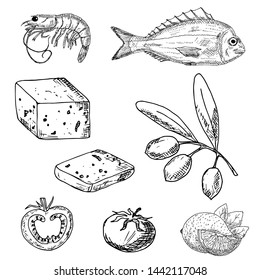 Greek food. Vector cartoon illustrations. Isolated objects on a white background. Hand-drawn style.