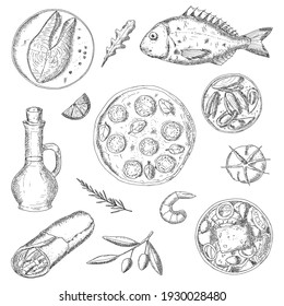 Greek food. Vector illustrations. Isolated objects on a white background. Hand-drawn style.