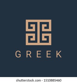 greek fret logo icon design template. hellenic linear business symbol or sign. line luxury logotype. isolated on blue background. vector illustration