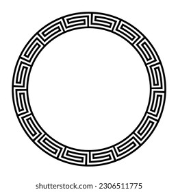 Greek fret ornament, circle frame with seamless meander pattern. A decorative circular border, constructed from continuous lines, shaped into a repeated motif. Also known as Greek key or meandros.