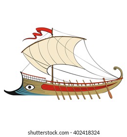 Greek galley, the Argonauts, the Golden Fleece. Beautiful background with ancient ship, mythology and legends.