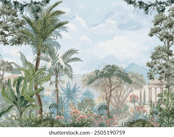 Greek garden forest with temple, tree, flower plant illustration for wallpaper