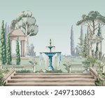 Greek garden with fountain, temple, dome, stair illustration for wallpaper