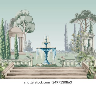 Greek garden with fountain, temple, dome, stair illustration for wallpaper