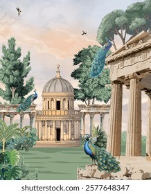 Greek Garden Illustration for Mural, Greek Garden, Greek Dome, Greek Structure watercolor, Wedding Background Illustration.