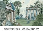 Greek Garden Illustration for Printing, Greek Garden Illustration, Peacock, Watercolor Background.