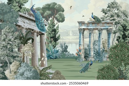 Greek Garden Illustration for Printing, Greek Garden Illustration, Peacock, Watercolor Background.