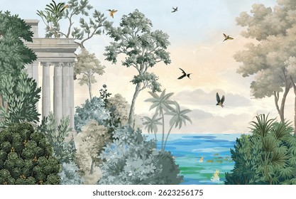 Greek Garden Illustration, Garden Wallpaper, Birds, Watercolor Sky.