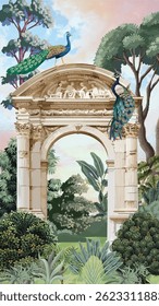 Greek Garden Illustration, Greek Wallpaper Mural, Peacock, Watercolor Background.