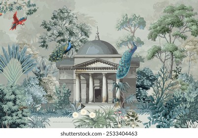 Greek Garden Mural Wallpaper Illustration, Greek Wallpaper Design, Background design for Print.