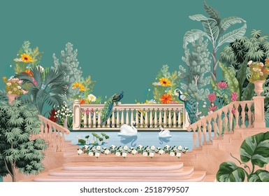 Jardín griego con estanque, aserrado, pavo real, ilustración de la escalera para el Fondo de pantalla.