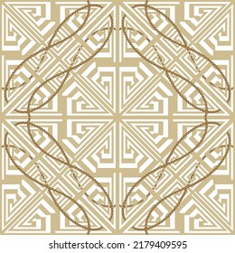 Greek geometric modern seamless pattern. Geometrical vector white background with colorful ornaments. Greek key meanders, golden intricate ropes. Trendy repeat backdrop. Elegant tribal ethnic design.
