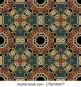 Greek geometric seamless pattern. Ornamental colorful background. Repeat tribal ethnic ornate backdrop. Geometrical abstract modern ornament. Geometry shapes, lines, chains, mandalas, circle, frames.