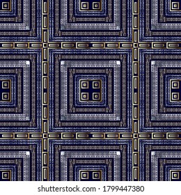 Greek geometric seamless pattern. Vector plaid background. Grunge digital stripes, abstract shapes, squares, frames, borders and greek key meander ornaments. Modern textured repeat tartan backdrop.