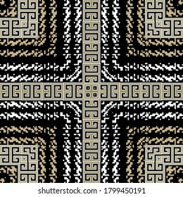 Patrón geométrico griego sin soldadura. Fondo de plástico vectorial. Bandas digitales, formas abstractas, cuadrados, marcos, bordes y ornamentos de cruz de clave griega. Fondo tartán repitido de textura moderna.