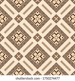Greek geometric vector seamless pattern. Elegant twaffle background. Repeat ornamental backdrop. Greek key meanders ornament with mazes, rhombus, shapes, frames, symbols, signs, lines. Ornate design.