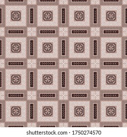 Patrón sin fisuras del vector geométrico griego. Elegante fondo escocés. Repita el fondo ornamental de arcilla. Los serpenteantes griegos adornan con formas cuadradas, marcos, símbolos, signos, líneas. Diseño ordenado.