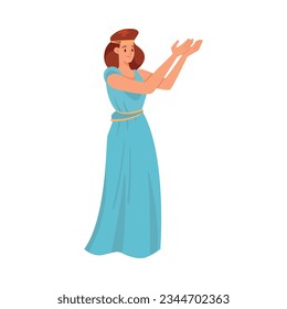 Greek Girl in Blue Antique Clothes Standing Vector Illustration