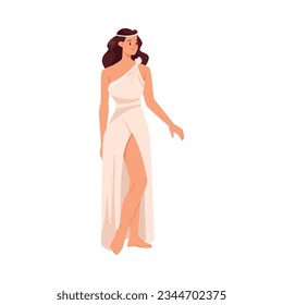 Greek Girl in White Antique Clothes and Wavy Hair Standing Vector Illustration