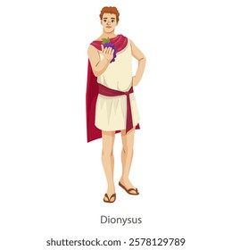 Greek god Dionysus holding grapes in traditional attire. Vector illustration