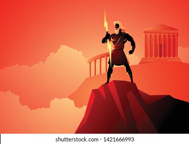 Greek god and goddess vector illustration series, Zeus, the Father of Gods and men standing on mountain Olympus