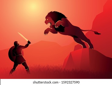 Greek god and goddess vector illustration series, the first of Heracles' twelve labours, Heracles or Hercules fighting the Nemean lion