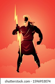 Greek god and goddess vector illustration series, Zeus, the Father of Gods and men standing on mountain Olympus