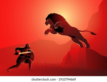 Greek god and goddess vector illustration series, the first of Heracles' twelve labours, Heracles or Hercules fighting the Nemean lion