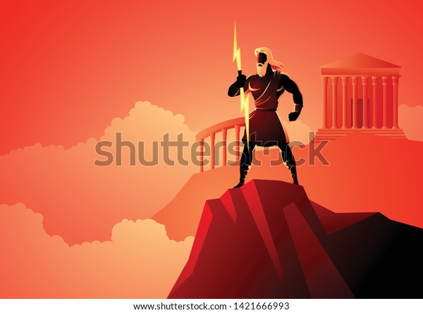 Greek god and\
goddess vector illustration series, Zeus, the Father of Gods and\
men standing on mountain\
Olympus