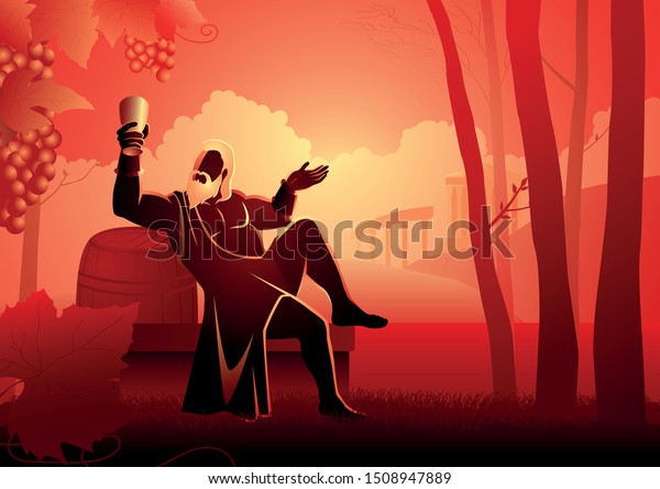 Greek god and goddess vector illustration\
series, Dionysus is the god of the grape-harvest, winemaking and\
wine, of fertility, ritual madness, religious ecstasy, and theatre\
in ancient Greek\
religion