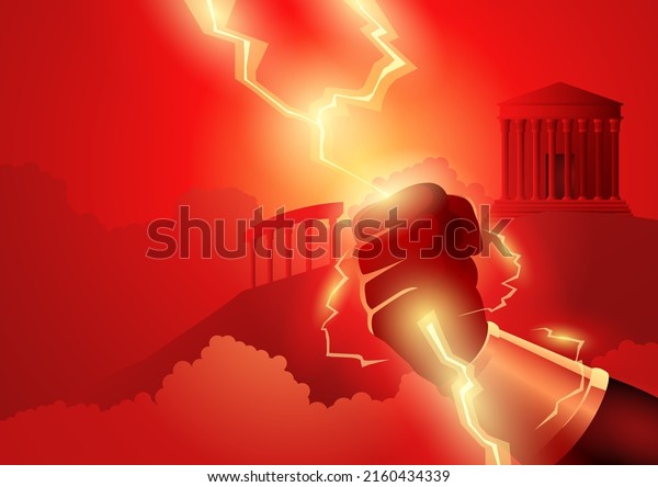 Greek god and goddess vector illustration\
series, Zeus hand holding lighting\
bolts