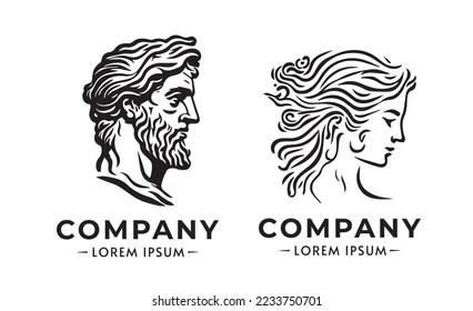 Greek god head wearing laurel icon logo design. Vector minimal line style ancient greek figure face statue logo