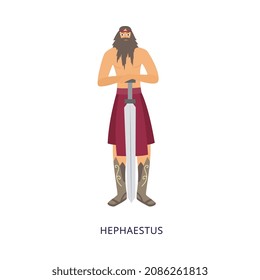 Greek God Hephaestus - cartoon man with blacksmith clothing and metal sword isolated on white background. Ancient Greece mythology character vector illustration.