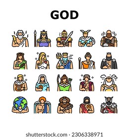 mitología de dios griego antiguo iconos set vector. arte de la diosa, postión antiguo, dioses zeus, grecia dionisio, afrodita athena, apollo de la mitología del dios griego antiguas ilustraciones de la línea de color