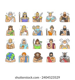 greek god mythology ancient icons set vector. goddess art, antique poseidon, gods zeus, greece dionysus, aphrodite athena, apollo greek god mythology ancient color line illustrations