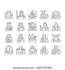 greek god mythology ancient icons set vector. goddess art, antique poseidon, gods zeus, greece dionysus, aphrodite athena, apollo greek god mythology ancient black contour illustrations