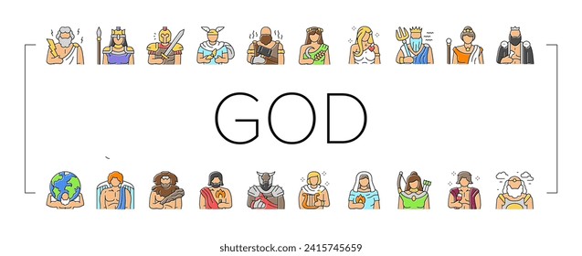 greek god mythology ancient icons set vector. goddess art, antique poseidon, gods zeus, greece dionysus, aphrodite athena, apollo greek god mythology ancient color line illustrations