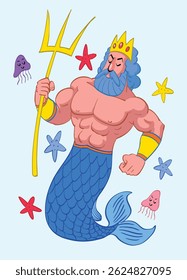 Deus grego de Poseidon em estilo retro vintage desenhado à mão