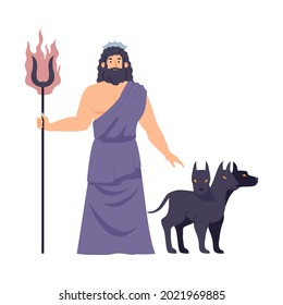 Greek god of underworld Hades or roman Pluto with Cerberus dogs, flat vector illustration isolated on white background. Hades the shadowland ruler and death god. svg