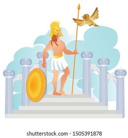 Greek God of War Ares or Mars Wearing Helmet with Shield and Spear Stand on Top of Olympus Marble Stairs with Columns. One of Twelve Olympians, Son of Zeus and Hera. Cartoon Flat Vector Illustration