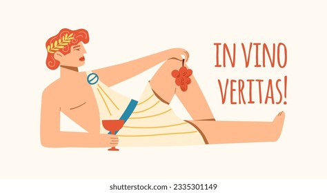 The Greek god of wine Dionysus and the quote "In vino veritas". Illustration of wine and alcohol.