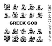 greek god zeus, hera, poseidon icons set vector. demeter, athena, apollo, artemis, ares, aphrodite, hephaestus, hermes, hestia greek god zeus, hera, poseidon glyph pictogram Illustrations