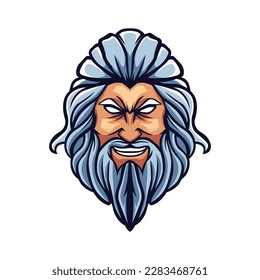 A greek god of zeus logo with long beard and hair