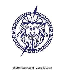 A greek god of zeus logo with long beard and hair white background