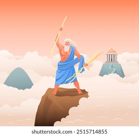 Greek God Zeus. Poster with father of Gods, god of lightning and thunder standing on top of Olympus. Character from ancient Greek mythology. Historical banner or cover. Cartoon vector illustration