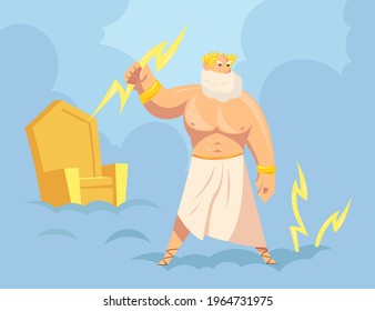 Greek god Zeus throwing lightnings from heaven. Cartoon vector illustration. Major Ancient God of sky, thunder and lightning with golden throne in background. Mythology, Greece, polytheism concept