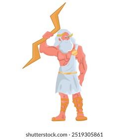 Dios griego Zeus arrojando relámpagos desde el cielo, Ilustración vectorial, fondo blanco.