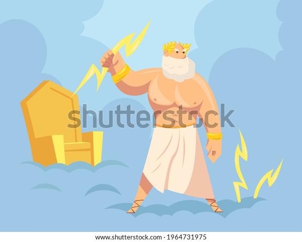 Greek god Zeus throwing lightnings from heaven.\
Cartoon vector illustration. Major Ancient God of sky, thunder and\
lightning with golden throne in background. Mythology, Greece,\
polytheism concept
